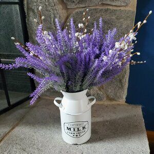 Lavender Artificial Flowers in Milk Jug Metal Vase